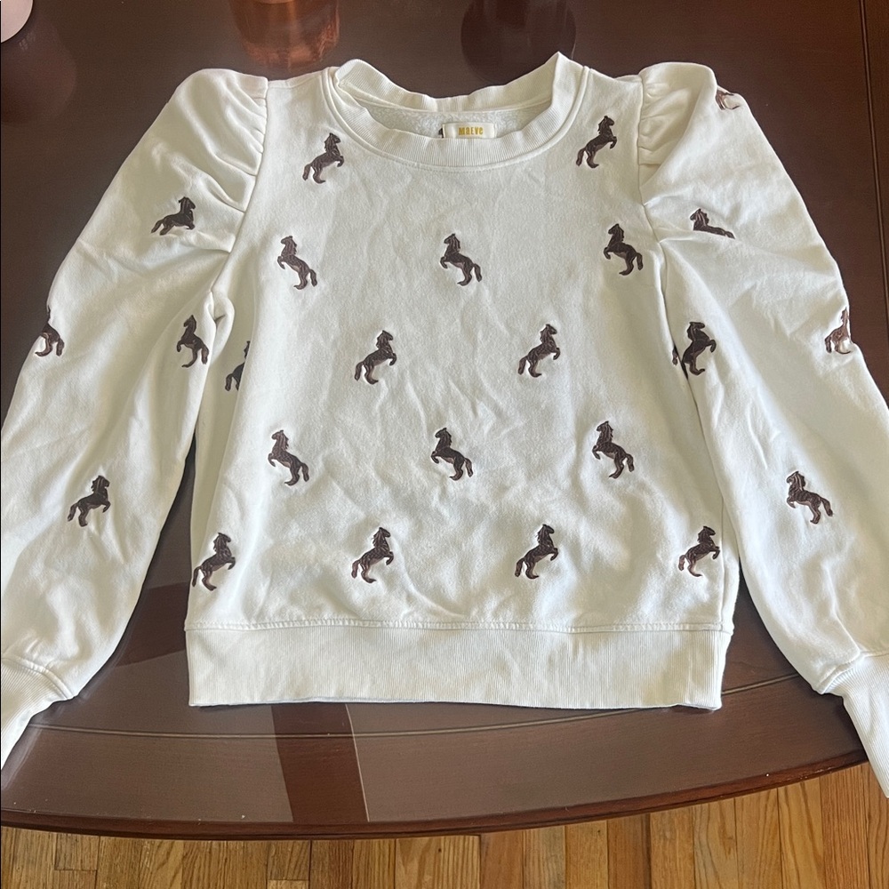 Anthropologie Maeve Cream Top with Brown Horse Design